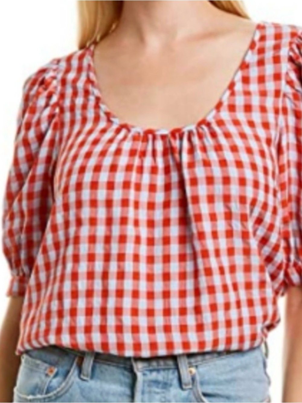 J.CREW WOMEN'S RED BLUE WASHED GINGHAM SHORT PUFF SLEEVE GRETA TOP Sz S